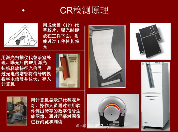 CR檢測原理：用成像板代替膠片，曝光時成像片放在工件下面，射線透過工件使其感光；曝光后的成像板用激光掃描釋放特征光信號，通過光電轉(zhuǎn)換存入計算機