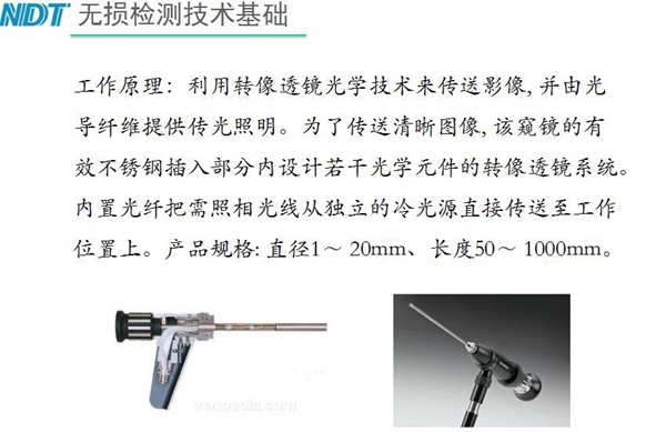 硬性?xún)?nèi)窺鏡工作原理：利用轉(zhuǎn)像透鏡光學(xué)技術(shù)來(lái)傳送影像，并由光導(dǎo)纖維提供光照明，為了傳送清晰圖像，該內(nèi)窺鏡的有效不銹鋼插入部分內(nèi)設(shè)計(jì)若干光學(xué)元件的轉(zhuǎn)像透鏡系統(tǒng)