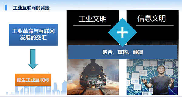 工業(yè)互聯(lián)網(wǎng)的背景：工業(yè)革命與互聯(lián)網(wǎng)發(fā)展的交匯催生出工業(yè)互聯(lián)網(wǎng)，工業(yè)文明加信息文明融合、重構(gòu)、顛覆。