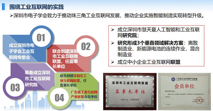 圍繞工業(yè)互聯(lián)網(wǎng)的實(shí)踐：深圳市電子學(xué)會(huì)致力于推動(dòng)珠三角工業(yè)互聯(lián)網(wǎng)發(fā)展，推動(dòng)企業(yè)實(shí)施智能制造實(shí)現(xiàn)轉(zhuǎn)型升級(jí)。
