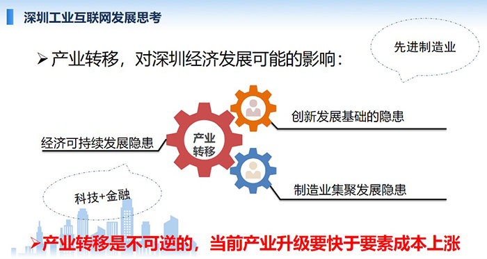 產(chǎn)業(yè)轉(zhuǎn)移，對(duì)深圳經(jīng)濟(jì)發(fā)展可能的影響：創(chuàng)新發(fā)展基礎(chǔ)的隱患、經(jīng)濟(jì)可持續(xù)發(fā)展隱患、制造業(yè)集聚發(fā)展隱患；產(chǎn)業(yè)轉(zhuǎn)移是不可逆的， 當(dāng)前產(chǎn)業(yè)升級(jí)要快于要素成本上漲