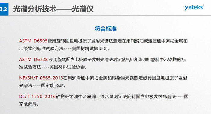 ASTM D6595使用旋轉(zhuǎn)圓盤電極原子發(fā)射光譜法測定在用潤滑油或液壓油中磨損金屬和污染物的標(biāo)準(zhǔn)試驗方法----美國材料試驗協(xié)會。   ASTM D6728 使用旋轉(zhuǎn)圓盤電極原子發(fā)射光譜法測定燃?xì)鈾C(jī)和柴油機(jī)燃料中污染物的標(biāo)準(zhǔn)試驗方法----美國材料試驗協(xié)會。   NB/SH/T 0865-2013在用潤滑油中磨損金屬和污染物元素測定旋轉(zhuǎn)圓盤電極原子發(fā)射光譜法----國家能源局。   DL/ T 1550-2016礦物絕緣油中金屬銅、鐵含量測定法旋轉(zhuǎn)圓盤電極發(fā)射光譜法----國家能源局。